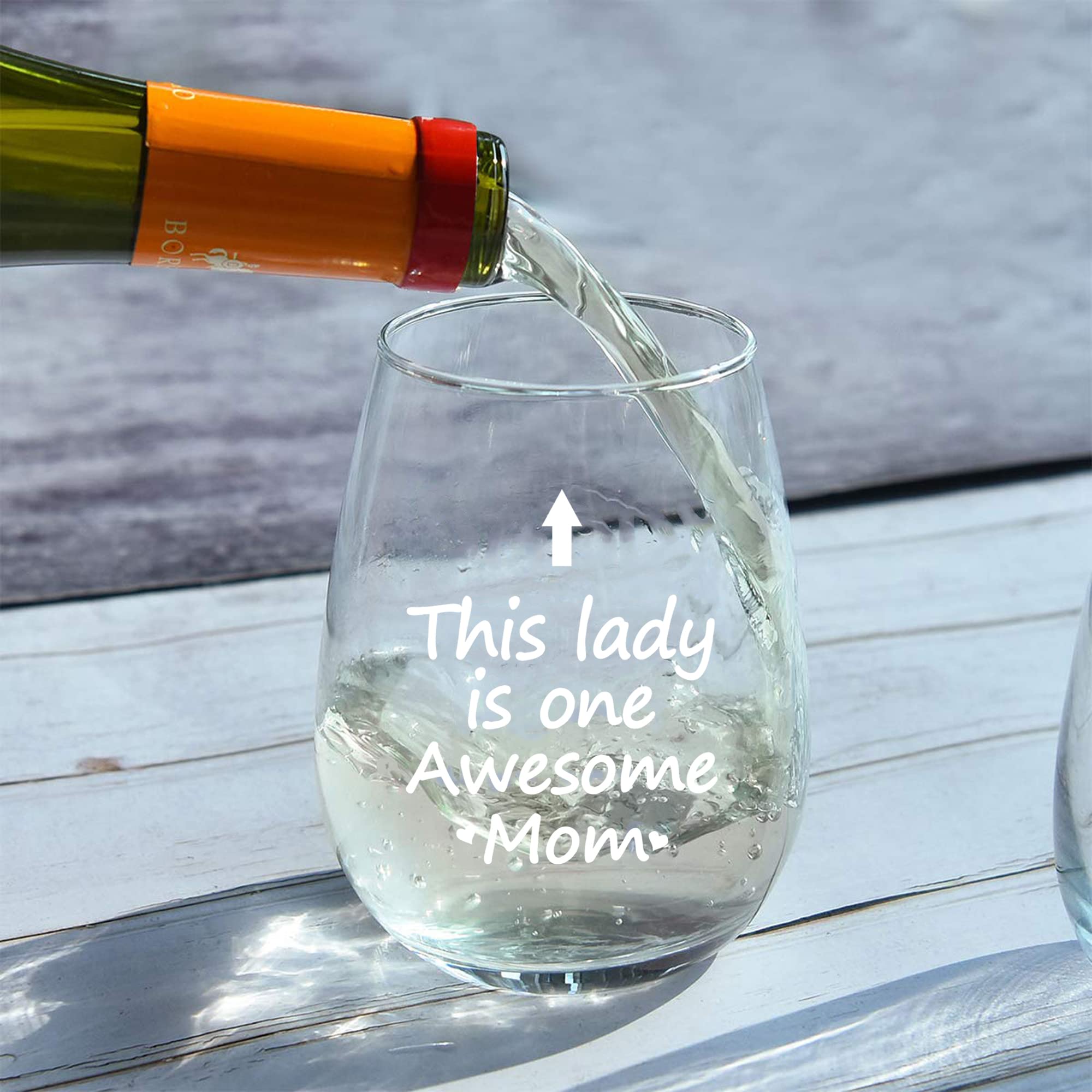 SHENDONG This Lady Is One Awesome Mom Wine Glass Birthday Mothers Day Gifts for Mom Mother from Daughter Kids Son Mom Gifts 15 Ounce Thicken with Gift Box White