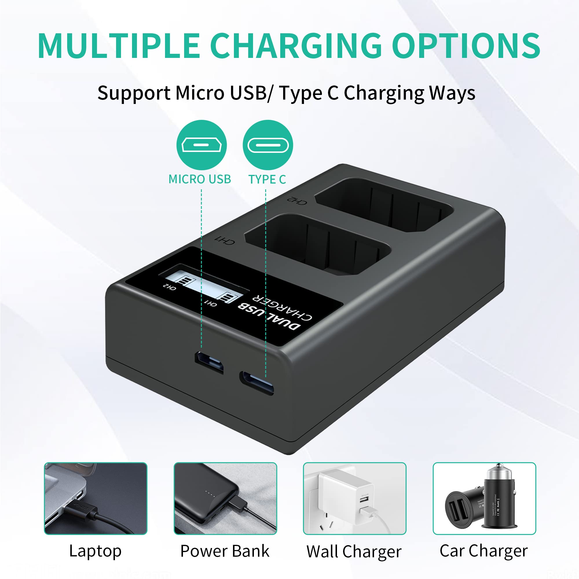 NP-FW50 Battery Charger, LCD Dual Charger Compatible with Sony Alpha A6000, A6400, A6100, A6300, A6500, A5100, A7, A7 II, A7R, A7R II, A7R2, A7S, A7S II, A7S2, A5000, A3000, RX10, NEX-3/5/7 Series