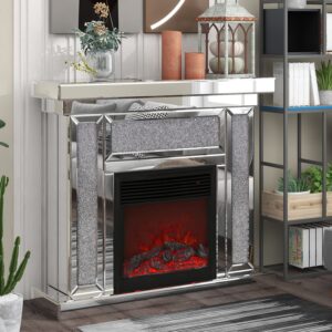 luxury diamond mirrored electric fireplace tv stand freestanding fireplace with remote control, electric fireplace with mantel, entertainment center with fireplace for living room, office, silver