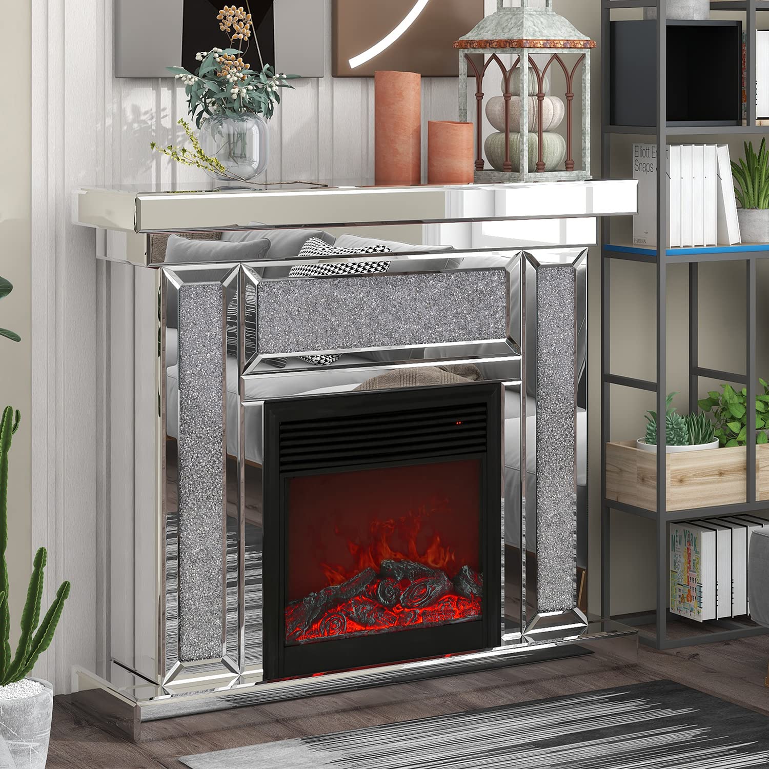 Luxury Diamond Mirrored Electric Fireplace TV Stand Freestanding Fireplace with Remote Control, Electric Fireplace with Mantel, Entertainment Center with FIreplace for Living Room, Office, Silver