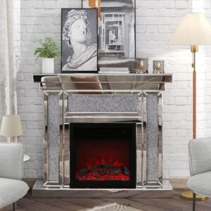 Luxury Diamond Mirrored Electric Fireplace TV Stand Freestanding Fireplace with Remote Control, Electric Fireplace with Mantel, Entertainment Center with FIreplace for Living Room, Office, Silver