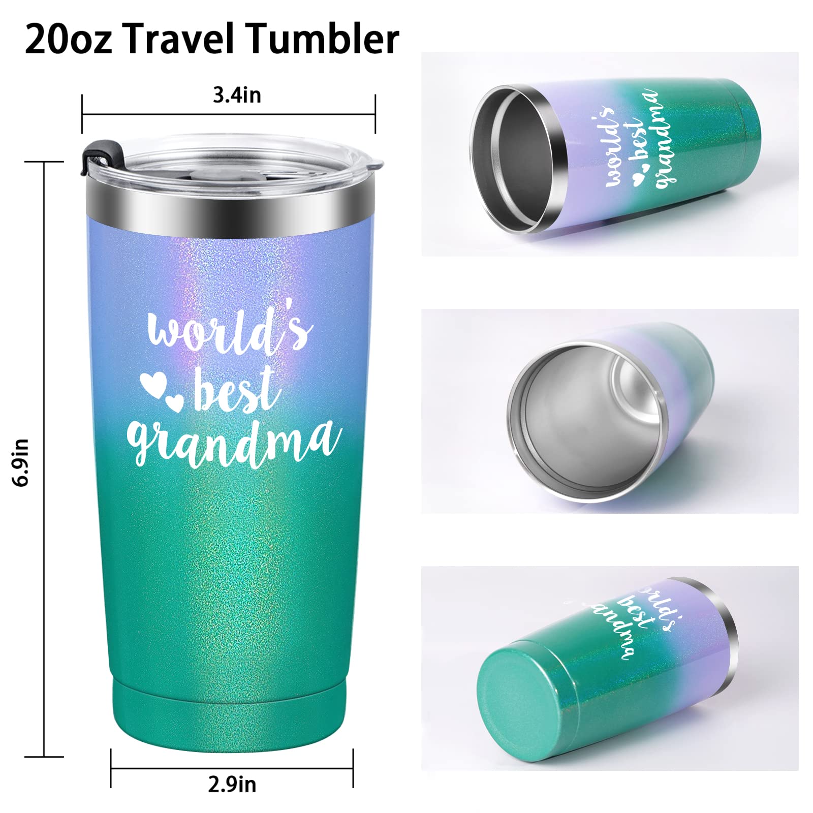 Cpskup Mothers Day Gifts for Grandma, World's Best Grandma Stainless Steel Insulated Travel Tumbler, New Grandma Mothers Day Christmas Gift for Grandma to be Gigi Mimi from Grandchildren, 20oz Glitter