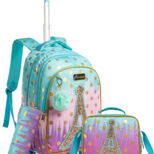 Meetbelify Rolling Backpack for Girls Rolling Backpacks with Wheels Trolley Trip Luggage for Elementary Student with Lunch Box