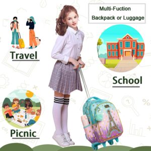 Meetbelify Rolling Backpack for Girls Rolling Backpacks with Wheels Trolley Trip Luggage for Elementary Student with Lunch Box