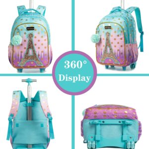 Meetbelify Rolling Backpack for Girls Rolling Backpacks with Wheels Trolley Trip Luggage for Elementary Student with Lunch Box