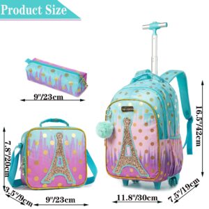 Meetbelify Rolling Backpack for Girls Rolling Backpacks with Wheels Trolley Trip Luggage for Elementary Student with Lunch Box