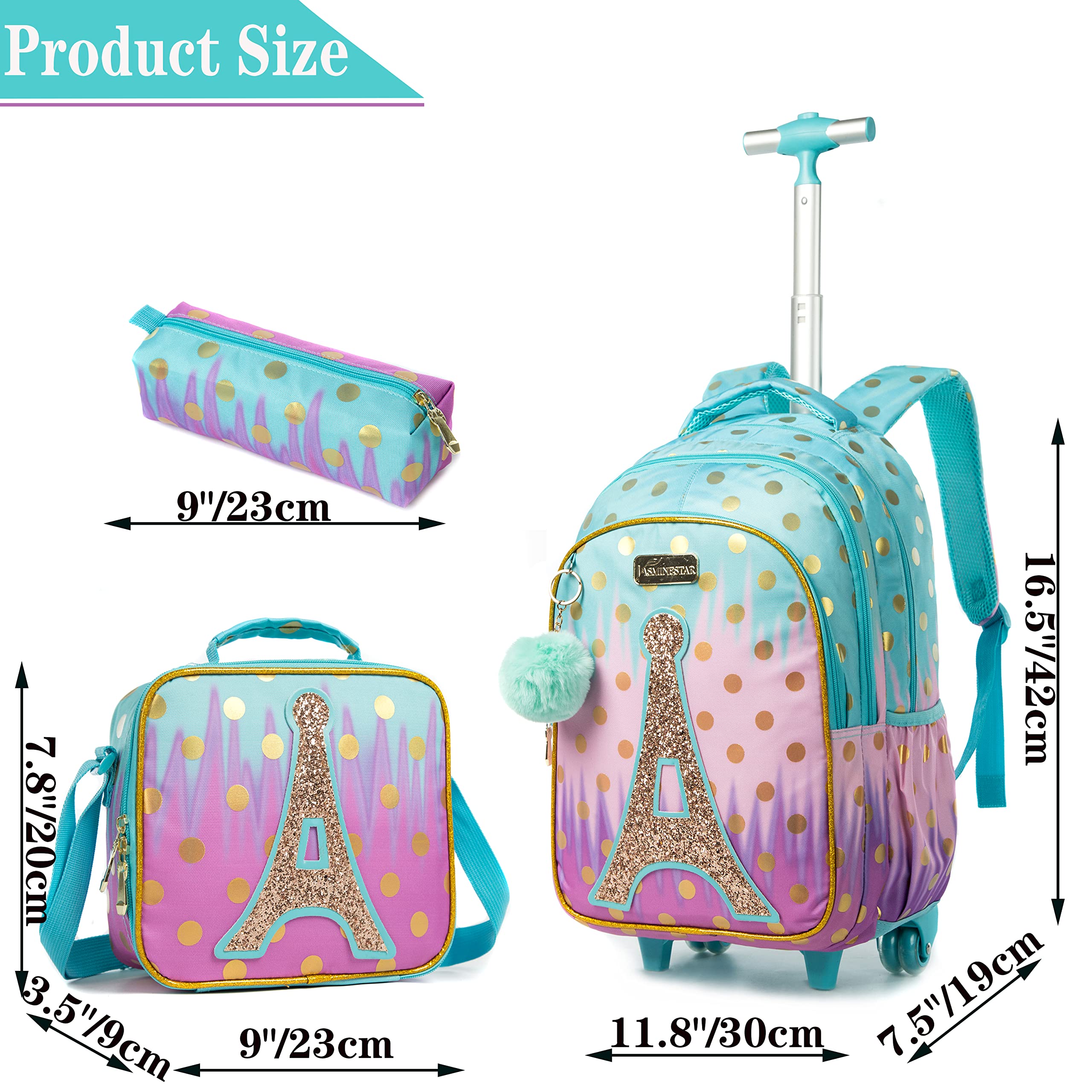 Meetbelify Rolling Backpack for Girls Rolling Backpacks with Wheels Trolley Trip Luggage for Elementary Student with Lunch Box