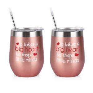 gingprous 2 pack teacher appreciation gifts in bulk, it takes a big heart wine tumbler set, birthday christmas teacher gifts for teachers women,12 oz stainless steel wine tumbler with lid, rose gold