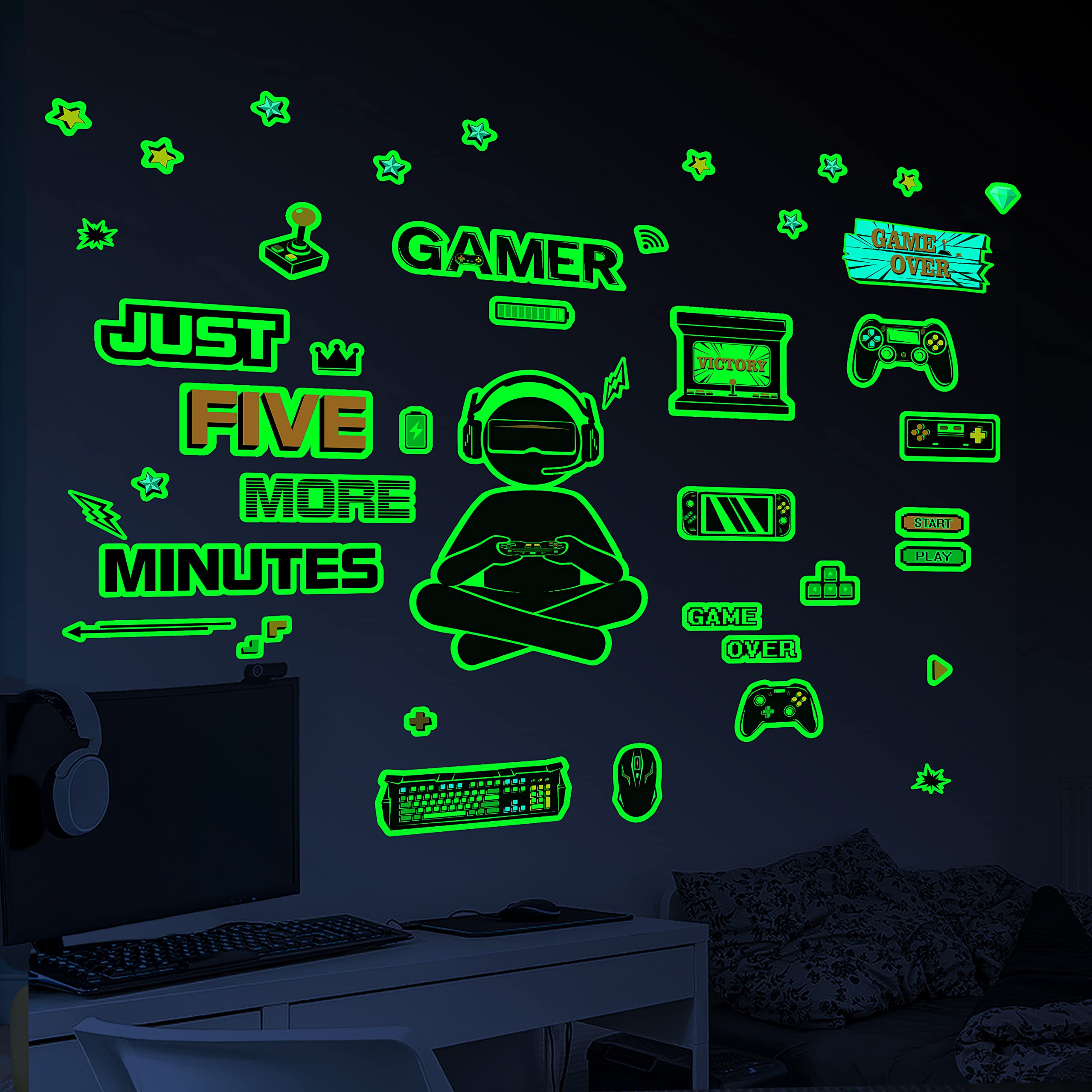 Glow in The Dark Game Wall Decal Video Game Room Decor Gaming Decals for Boys Room Wall Stickers for Kids Bedroom Sticker Home Playroom Decoration