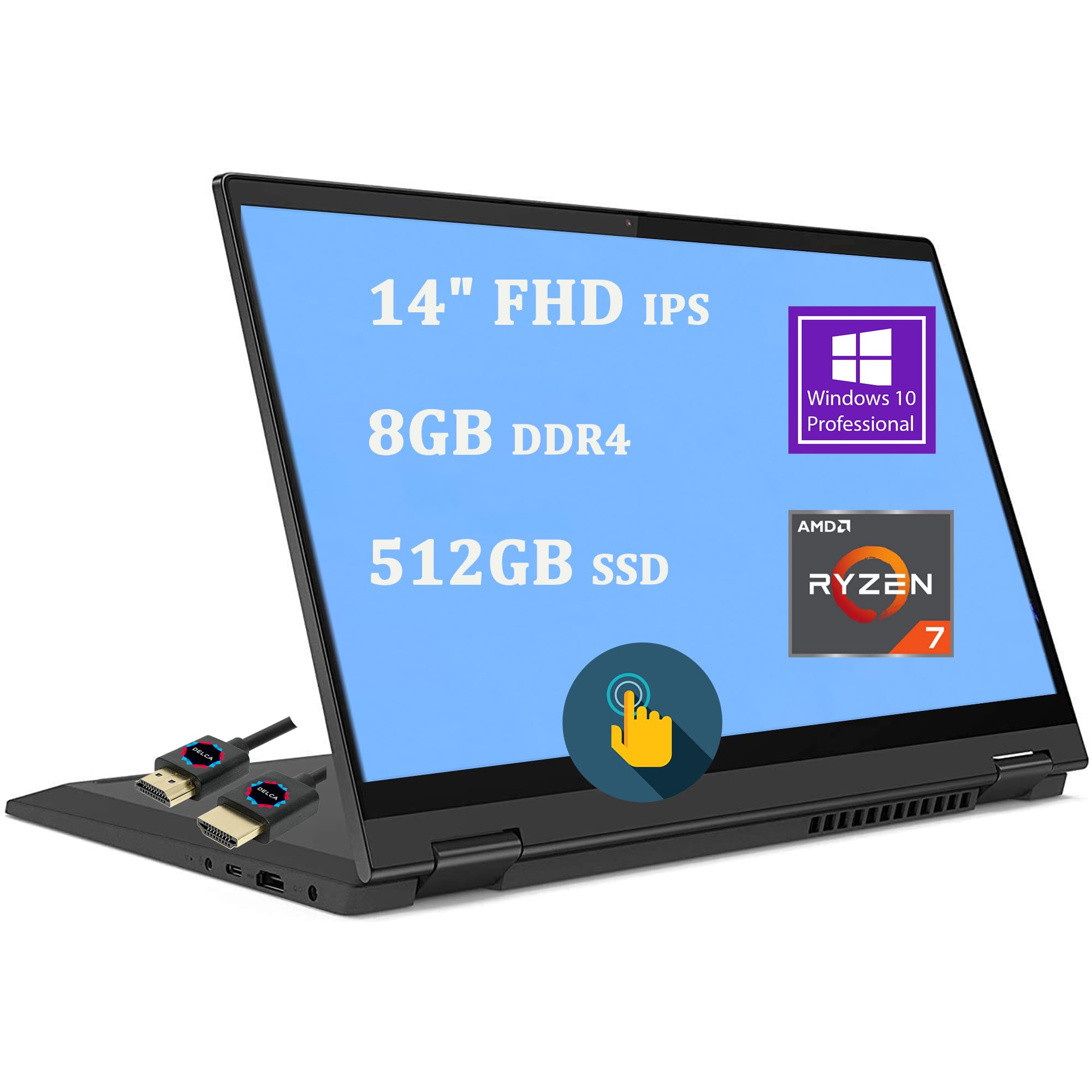 Lenovo Flex 5 2-in-1 Business Laptop | 14" FHD IPS Touchscreen | AMD 8-Core Ryzen 7 4700U (> i7-10510U) | 8GB DDR4 512GB SSD | Fingerprint Backlit USB-CWin10 Pro + HDMI Cable