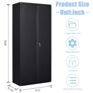 GREATMEET Metal Storage Cabinet with Locking Door and 4 Adjustable Shelves,70.8" H Lockable Steel Storage Cabinet for Home,Office,School Black