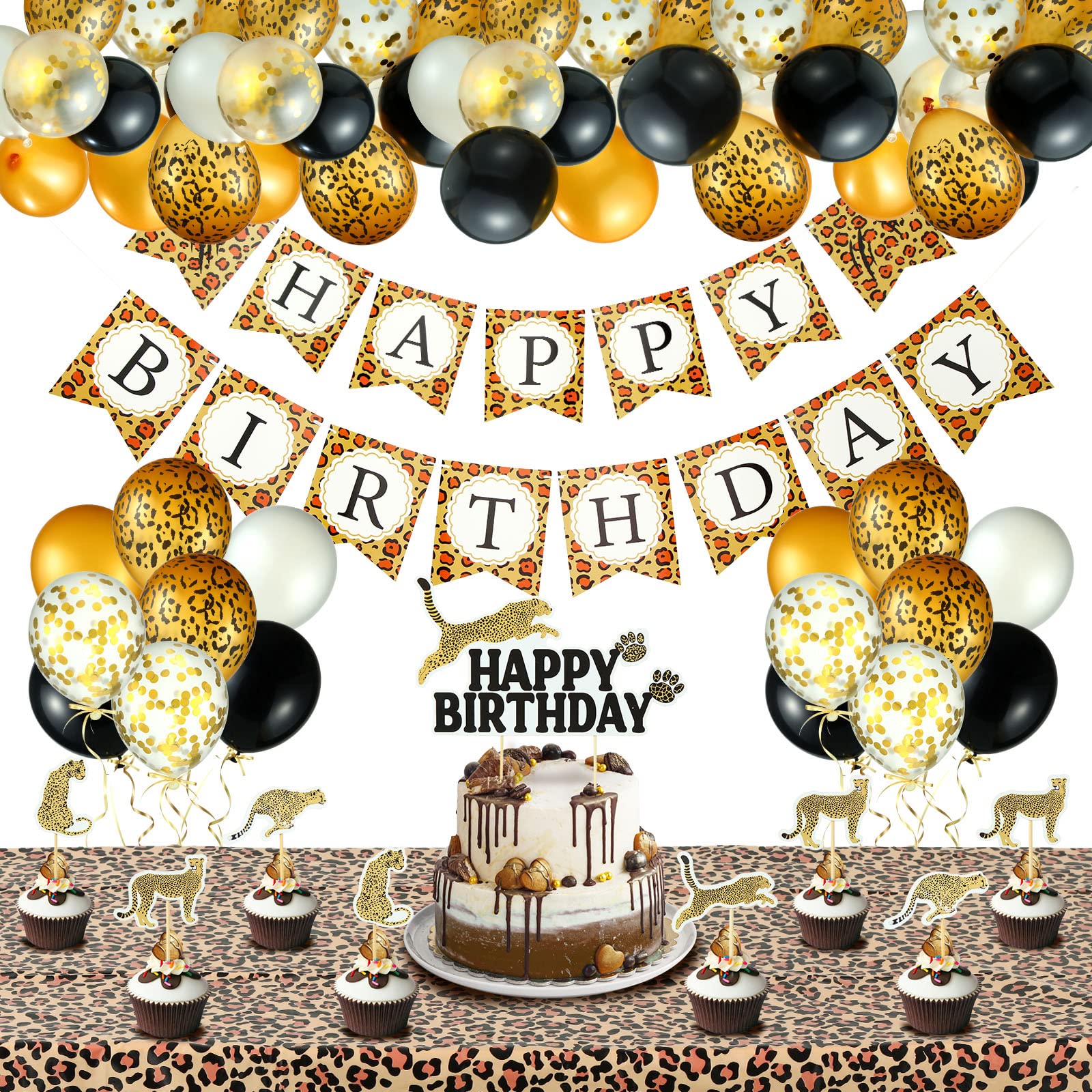 51 Pieces Cheetah Birthday Decorations Including Cheetah Birthday Banner Cheetah Theme Balloons Leopard Cake Topper Safari Animal Print Tablecloth and Ribbon for Party Boy Girl Baby Shower Supplies