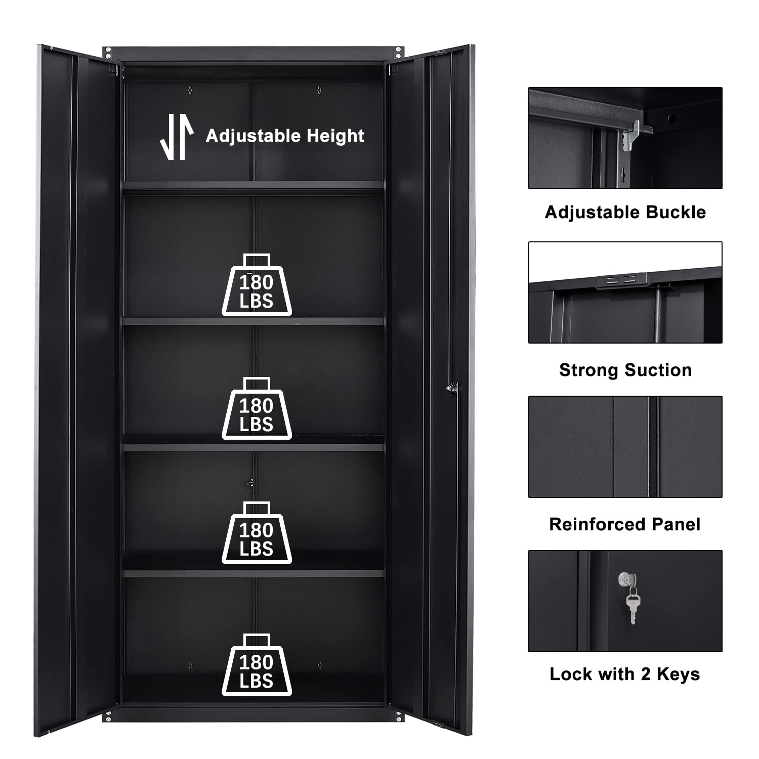 GREATMEET Metal Storage Cabinet with Locking Door and 4 Adjustable Shelves,70.8" H Lockable Steel Storage Cabinet for Home,Office,School Black