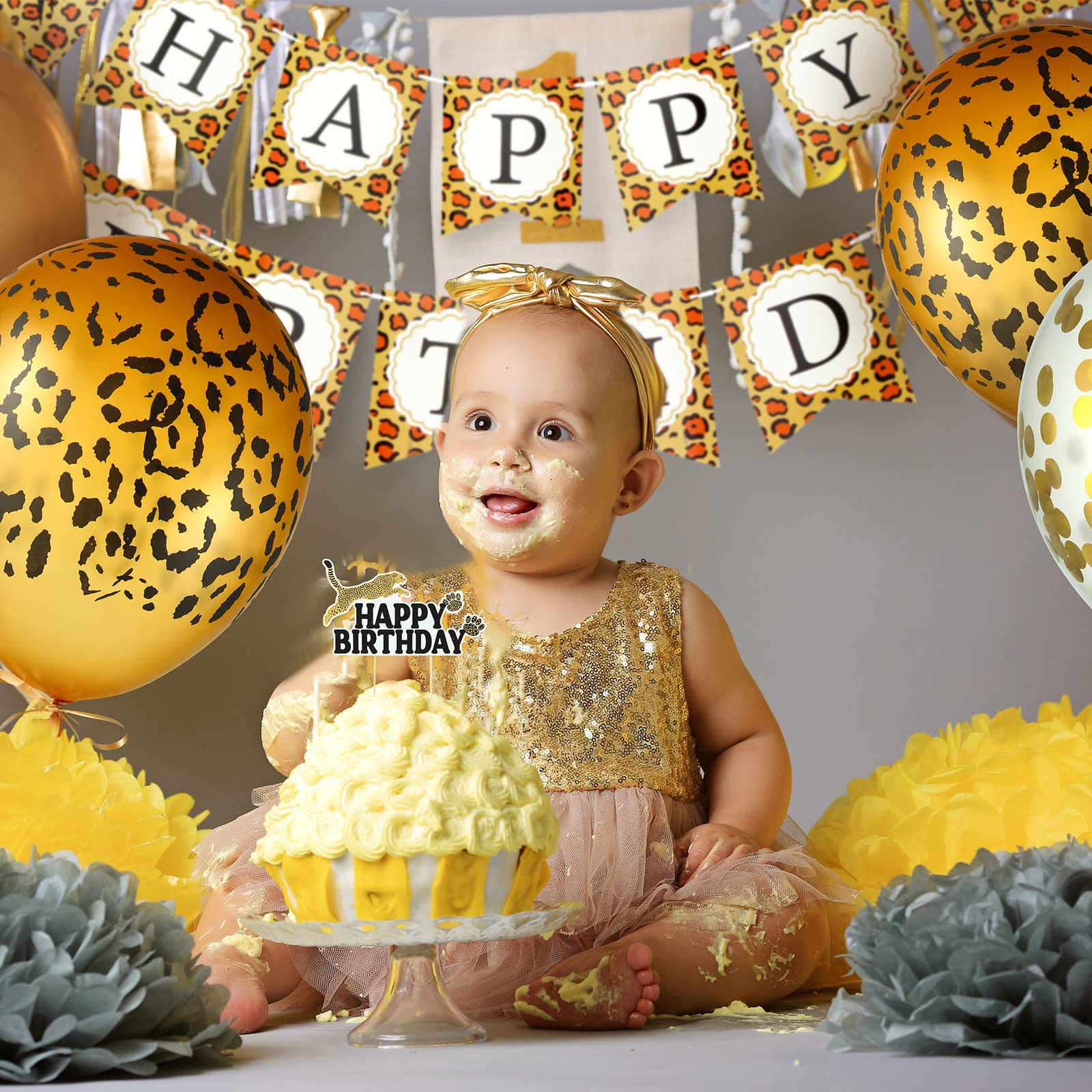 51 Pieces Cheetah Birthday Decorations Including Cheetah Birthday Banner Cheetah Theme Balloons Leopard Cake Topper Safari Animal Print Tablecloth and Ribbon for Party Boy Girl Baby Shower Supplies