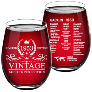 70th Birthday Gifts for Women Men - Vintage 1953 Limited Edition Stemless Wine Glass 15 oz- 70 Year Old Women Gifts -70th Birthday Gift and Home Use - 70 Year Old Birthday Party Decorations - 1 PACK