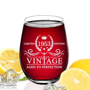 70th Birthday Gifts for Women Men - Vintage 1953 Limited Edition Stemless Wine Glass 15 oz- 70 Year Old Women Gifts -70th Birthday Gift and Home Use - 70 Year Old Birthday Party Decorations - 1 PACK