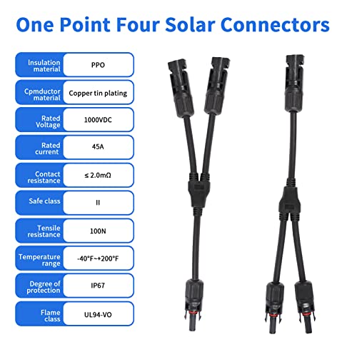 Solar Panel Y Branch Parallel Cable 2 Pairs, 45A Waterproof Solar 2 to 1 Adapter Cable Wire Male Female Connector, (MFF+FMM 2 Pair,30CM/0.98FT)