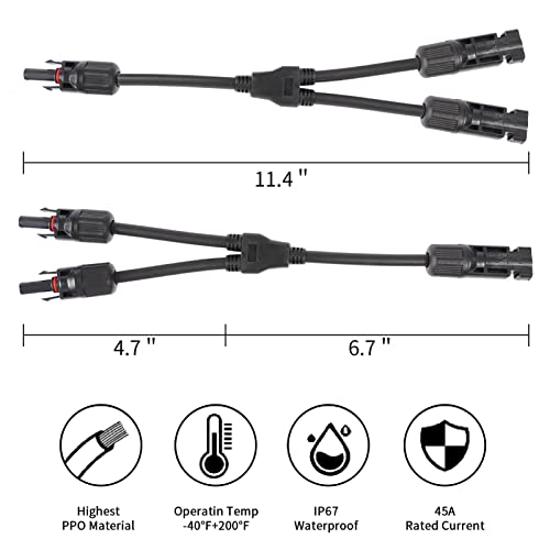 Solar Panel Y Branch Parallel Cable 2 Pairs, 45A Waterproof Solar 2 to 1 Adapter Cable Wire Male Female Connector, (MFF+FMM 2 Pair,30CM/0.98FT)
