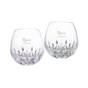 waterford personalized lismore essence stemless light red wine glasses, set of 2 custom engraved cut crystal stemless wine glasses for pinot noir, nebbiolo, grenache and more
