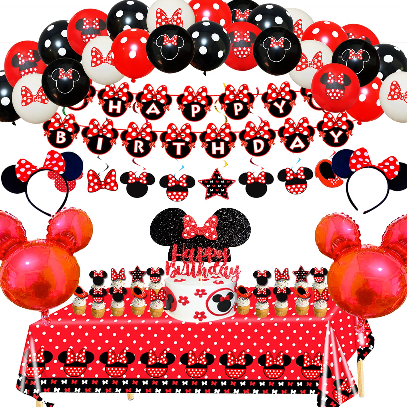 74pcs Red Birthday Party Supplies Cartoon Balloon Banner Hanging Swirls Headband Cake Topper Table Cloth Red Birthday Decorations for Girls 1st 2nd 3rd Bday Parties