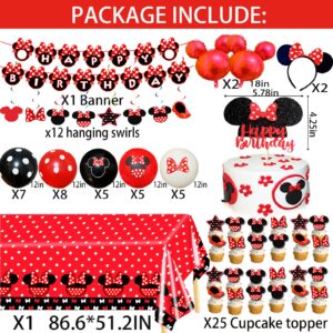 74pcs Red Birthday Party Supplies Cartoon Balloon Banner Hanging Swirls Headband Cake Topper Table Cloth Red Birthday Decorations for Girls 1st 2nd 3rd Bday Parties