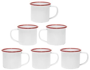 red co. set of 6 enamelware metal small classic 5 oz round coffee and tea mug with handle, solid white/red rim