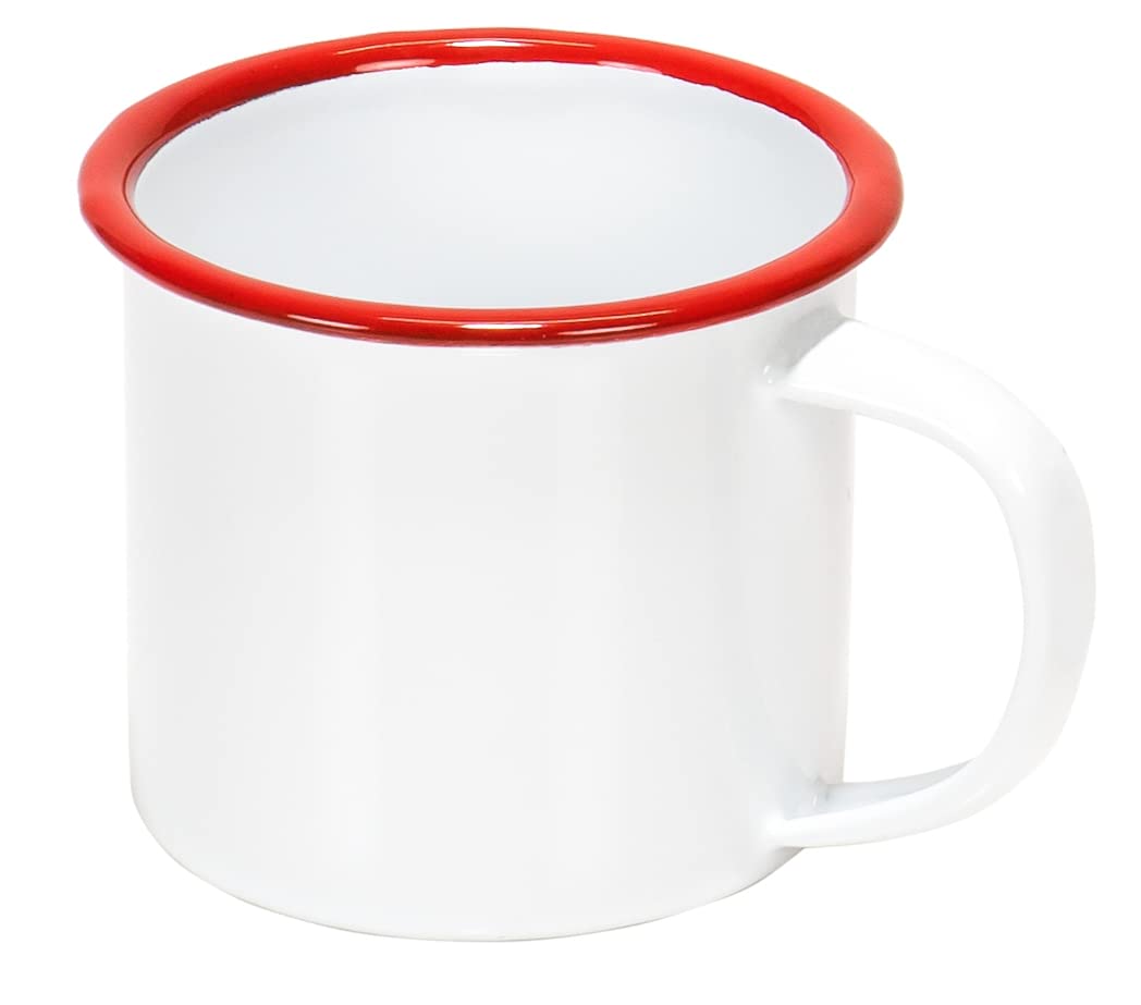 Red Co. Set of 6 Enamelware Metal Small Classic 5 Oz Round Coffee and Tea Mug with Handle, Solid White/Red Rim