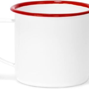 Red Co. Set of 6 Enamelware Metal Small Classic 5 Oz Round Coffee and Tea Mug with Handle, Solid White/Red Rim