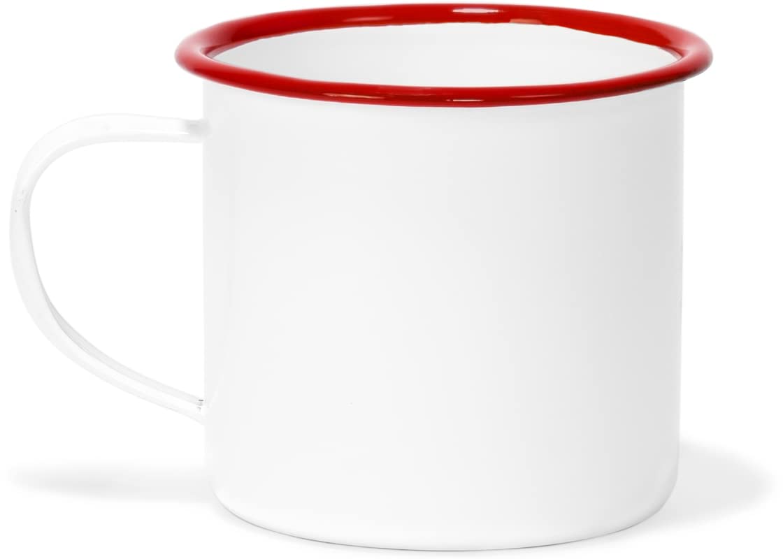 Red Co. Set of 6 Enamelware Metal Small Classic 5 Oz Round Coffee and Tea Mug with Handle, Solid White/Red Rim