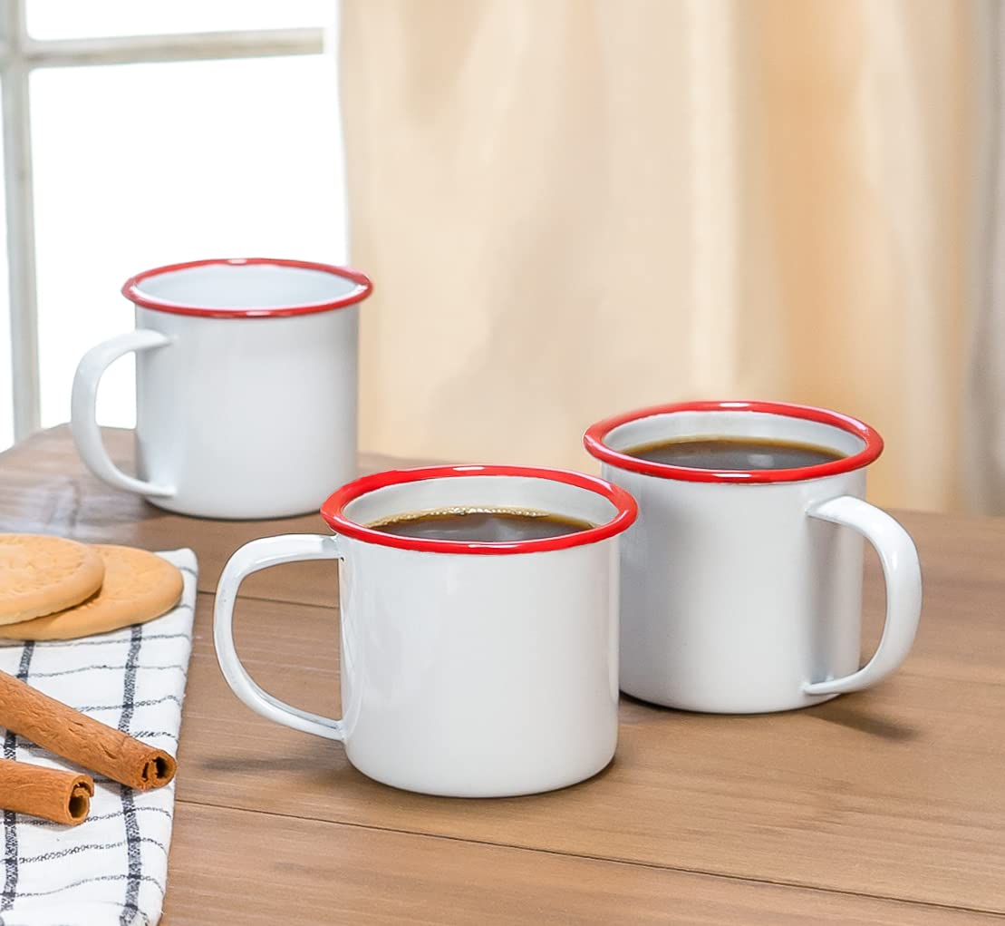 Red Co. Set of 6 Enamelware Metal Small Classic 5 Oz Round Coffee and Tea Mug with Handle, Solid White/Red Rim