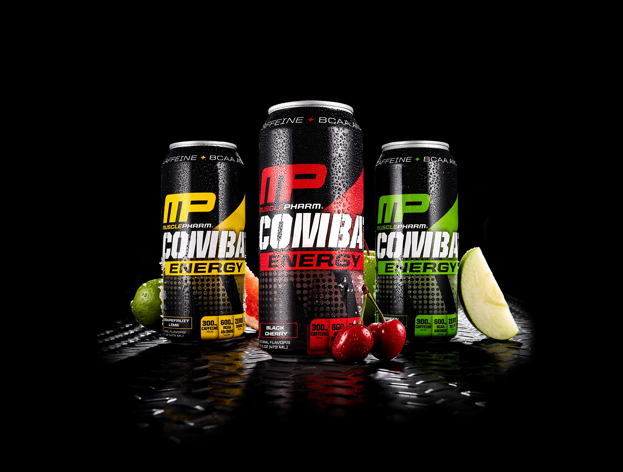 MusclePharm Combat Energy Drink 16oz (Pack of 12) Variety Pack - Grapefruit Lime, Green Apple & Black Cherry - Sugar Free Calories Free - Perfectly Carbonated with No Artificial Colors or Dyes
