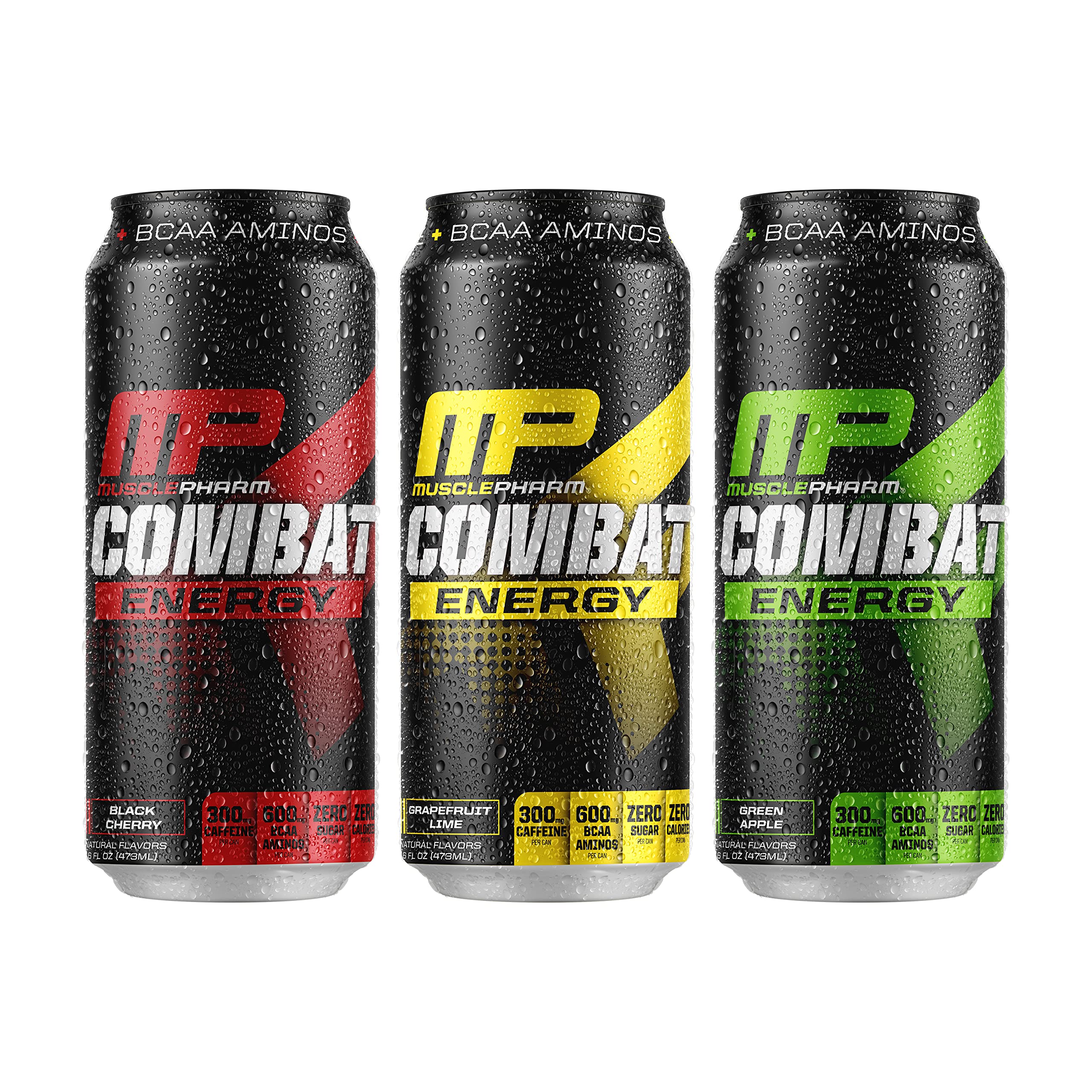 MusclePharm Combat Energy Drink 16oz (Pack of 12) Variety Pack - Grapefruit Lime, Green Apple & Black Cherry - Sugar Free Calories Free - Perfectly Carbonated with No Artificial Colors or Dyes