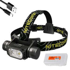 nitecore hc68 focusable headlamp, 2000 lumen usb-c rechargeable with battery, white and red light and lumentac organizer