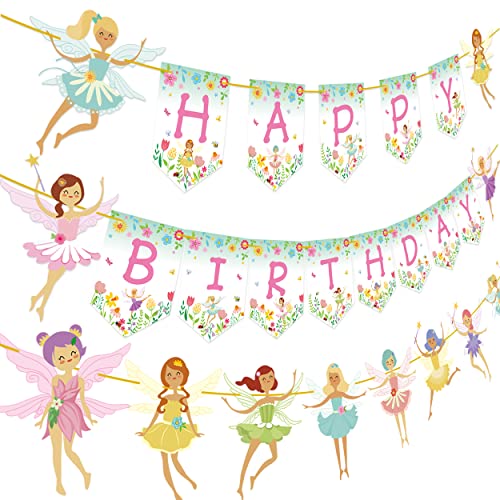 Fairy Birthday Party Decoration Flower Fairies Girls Birthday Banner Fairy Hanging Decoration Colorful Happy Birthday banner Fairy Party Favors Fairy Garden Decoration for Fairy Theme Birthday Party