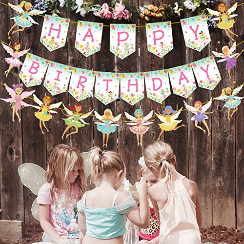 Fairy Birthday Party Decoration Flower Fairies Girls Birthday Banner Fairy Hanging Decoration Colorful Happy Birthday banner Fairy Party Favors Fairy Garden Decoration for Fairy Theme Birthday Party
