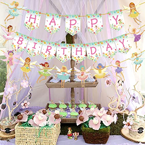 Fairy Birthday Party Decoration Flower Fairies Girls Birthday Banner Fairy Hanging Decoration Colorful Happy Birthday banner Fairy Party Favors Fairy Garden Decoration for Fairy Theme Birthday Party