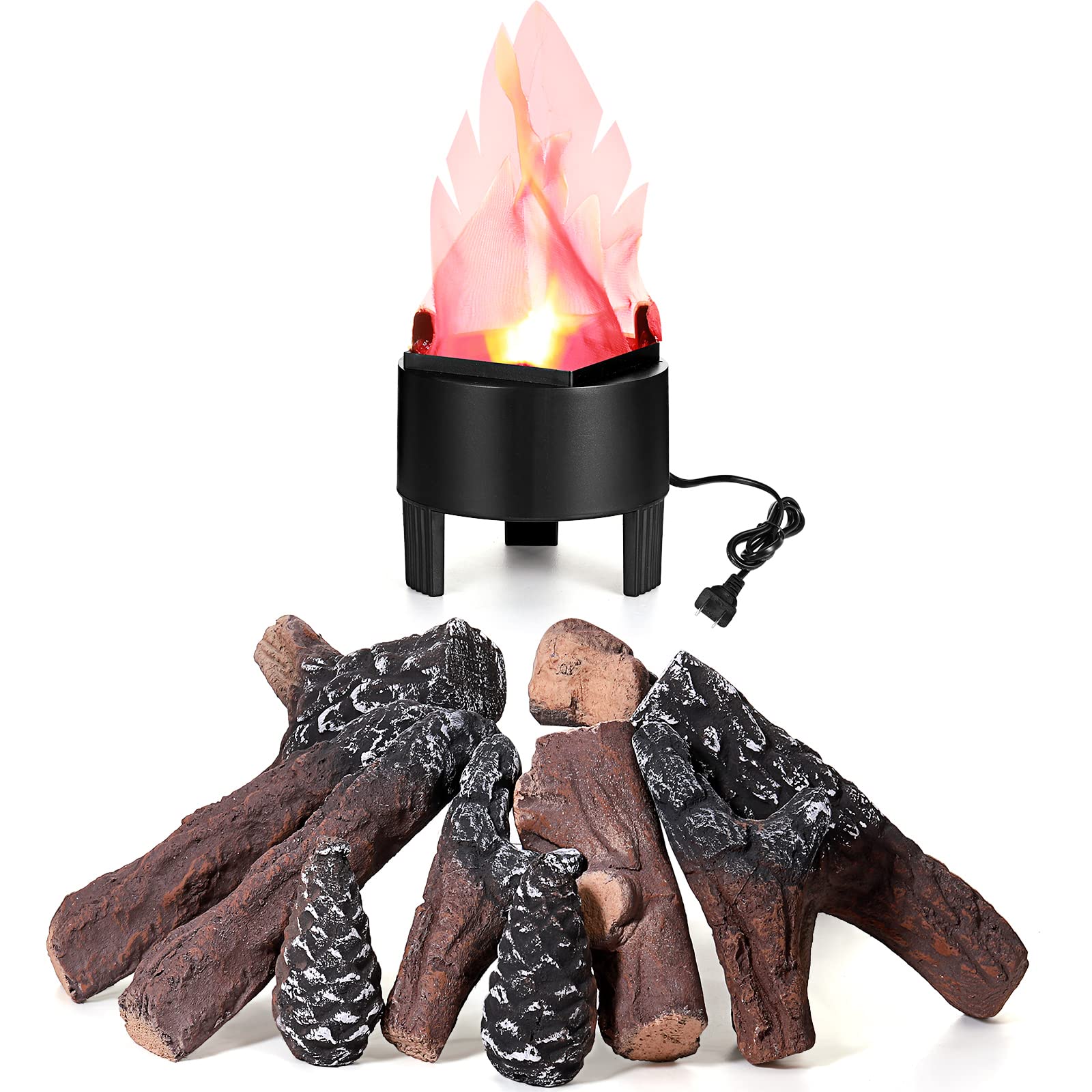 Electronic 3D Led Fake Flames Effect Night Lamp Led Artificial Flickering Fire Flame with 10 Pieces Gas Fireplace Logs Simulated Flame Lamp for Halloween Christmas Indoor Home Party Decorations