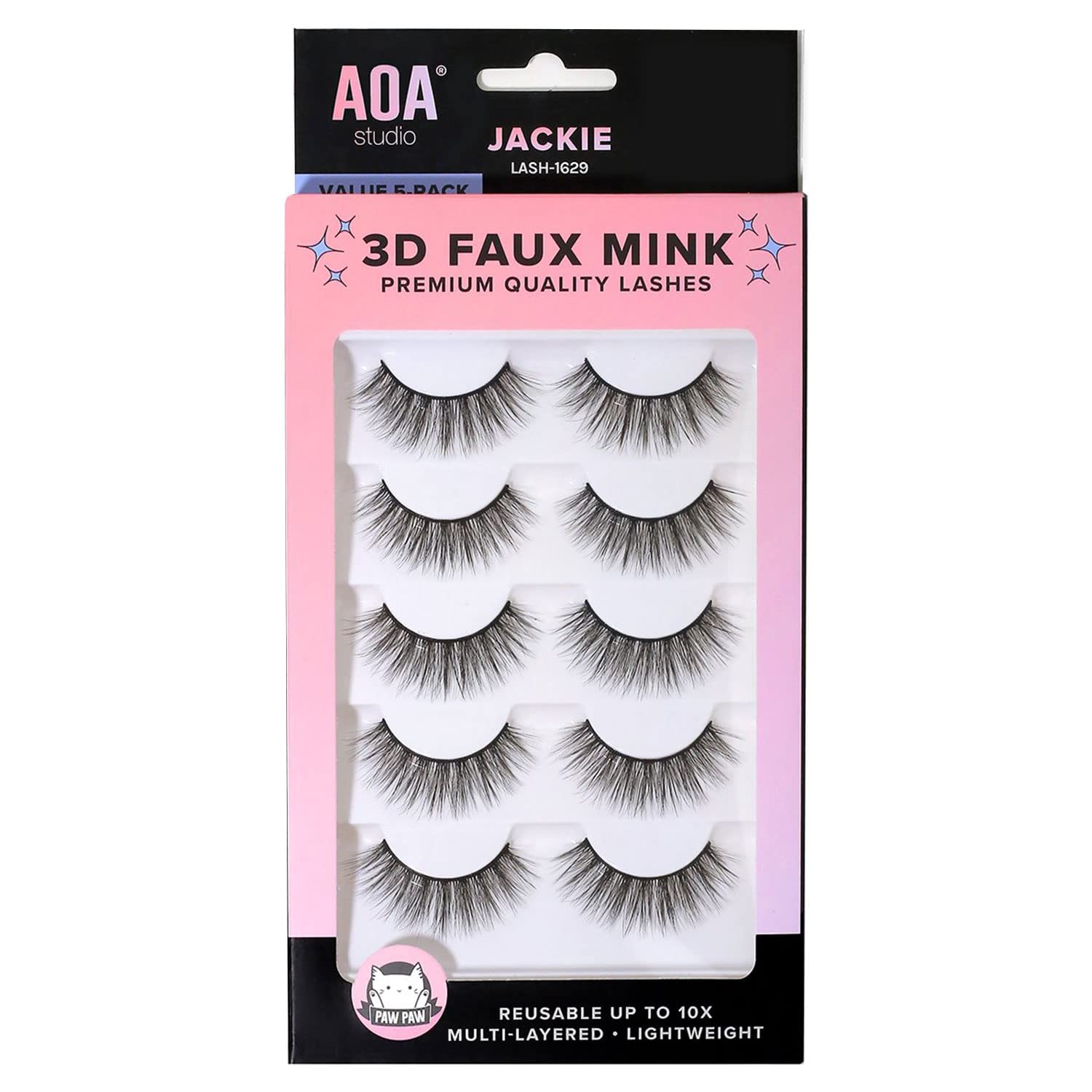 AOA Studio 3D False Eyelash 5 Pairs Natural Handmade Eyelashes Natural Volume Reusable Soft Makeup False Eyelashes 100 Percent Handmade Cruelty Free (Jackie)