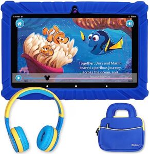 contixo 7 inch kids learning tablet bundle - toddler tablet, bluetooth, android, dual cameras, parental control, kids bluetooth headphone & tablet bag - dkblue, 2023 model