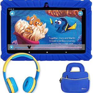 Contixo 7 inch Kids Learning Tablet Bundle - Toddler Tablet, Bluetooth, Android, Dual Cameras, Parental Control, Kids Bluetooth Headphone & Tablet Bag - DkBlue, 2023 Model