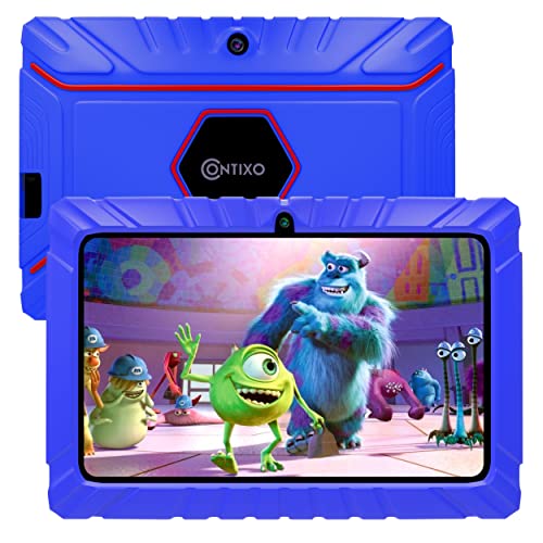 Contixo 7 inch Kids Learning Tablet Bundle - Toddler Tablet, Bluetooth, Android, Dual Cameras, Parental Control, Kids Bluetooth Headphone & Tablet Bag - DkBlue, 2023 Model