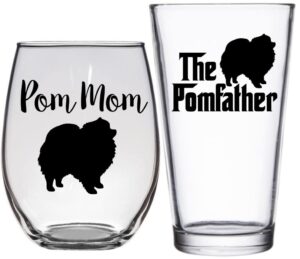 pom mom & pomfather wine & beer glass set - pomeranian dog lover gift