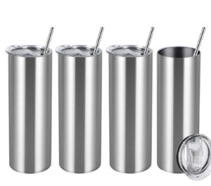 wzaytia 30 oz straight skinny tumbler set, 4 pack stainless steel slim tumbler 30 oz skinny with lid and straw, insulated skinny slim water tumbler for diy, silver