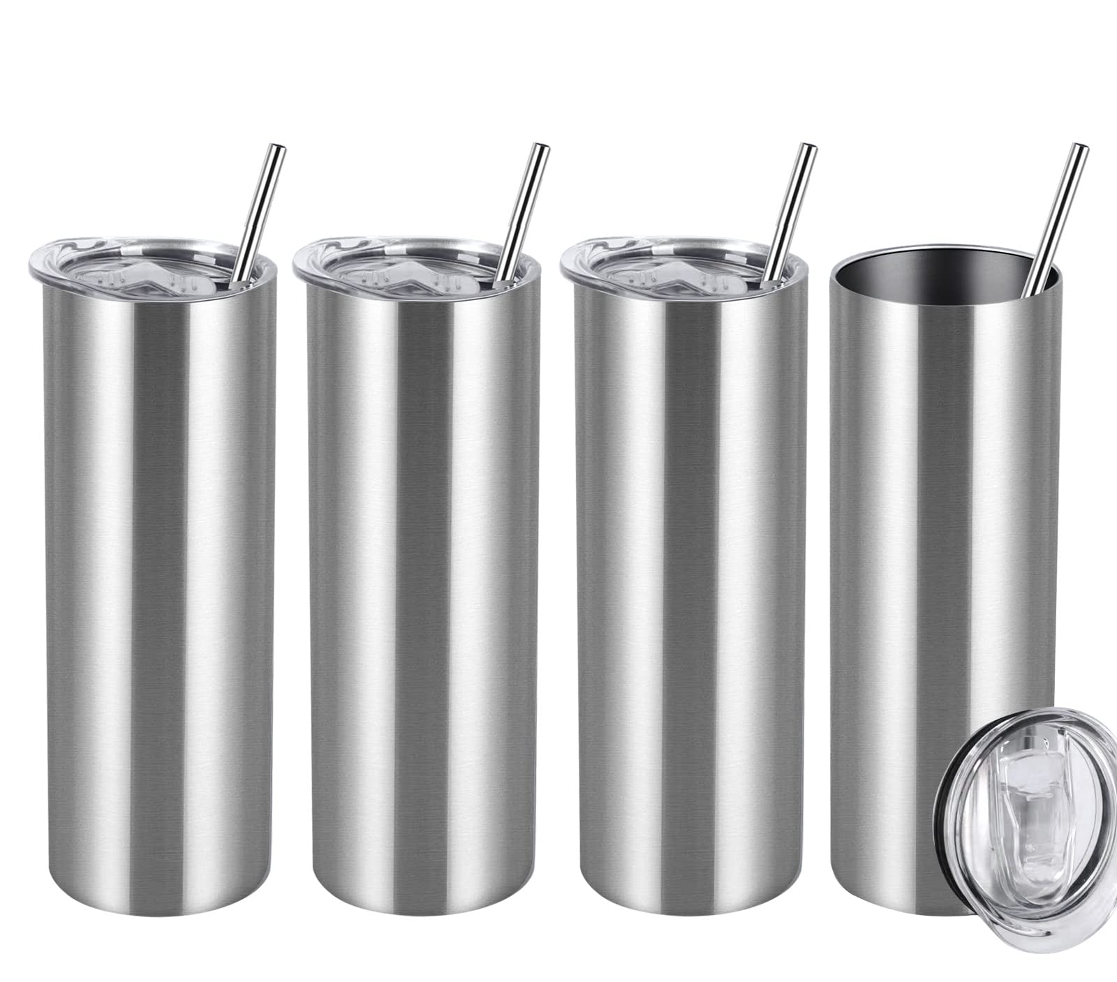 Wzaytia 30 Oz Straight Skinny Tumbler Set, 4 Pack Stainless Steel Slim Tumbler 30 Oz Skinny with Lid and Straw, Insulated Skinny Slim Water Tumbler for Diy, Silver