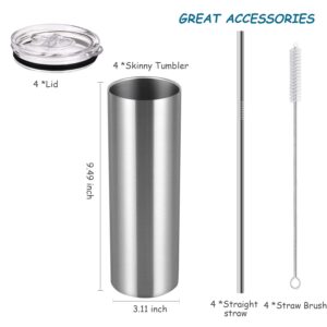 Wzaytia 30 Oz Straight Skinny Tumbler Set, 4 Pack Stainless Steel Slim Tumbler 30 Oz Skinny with Lid and Straw, Insulated Skinny Slim Water Tumbler for Diy, Silver