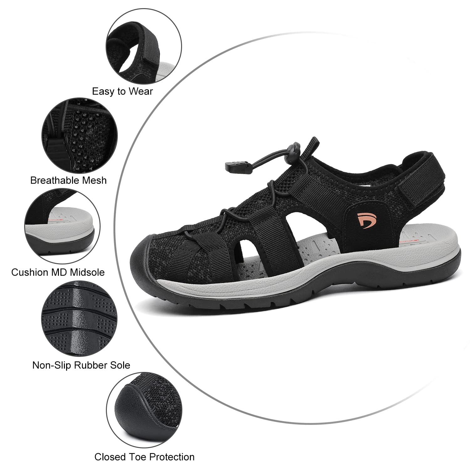 Dannto Women's Sport Sandals Close Toe Mesh Hiking Outdoor Athletic Casual Walking Sandals Water Shoes,Black1,38,Size 8