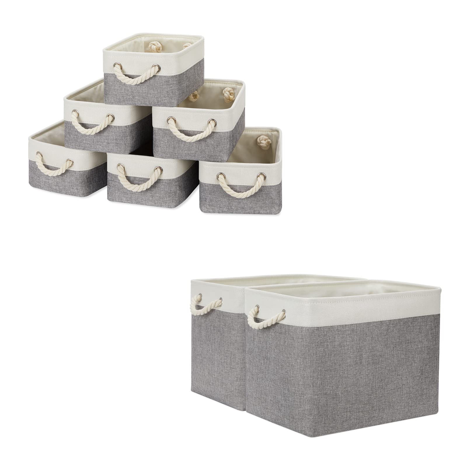 Temary Fabric Baskets Set of 6 Small Storage Baskets Bundled with Set of 2 Large Baskets(White&Grey, 11.8Lx7.9Wx5.3H Inches, 16Lx12Wx12H inches)