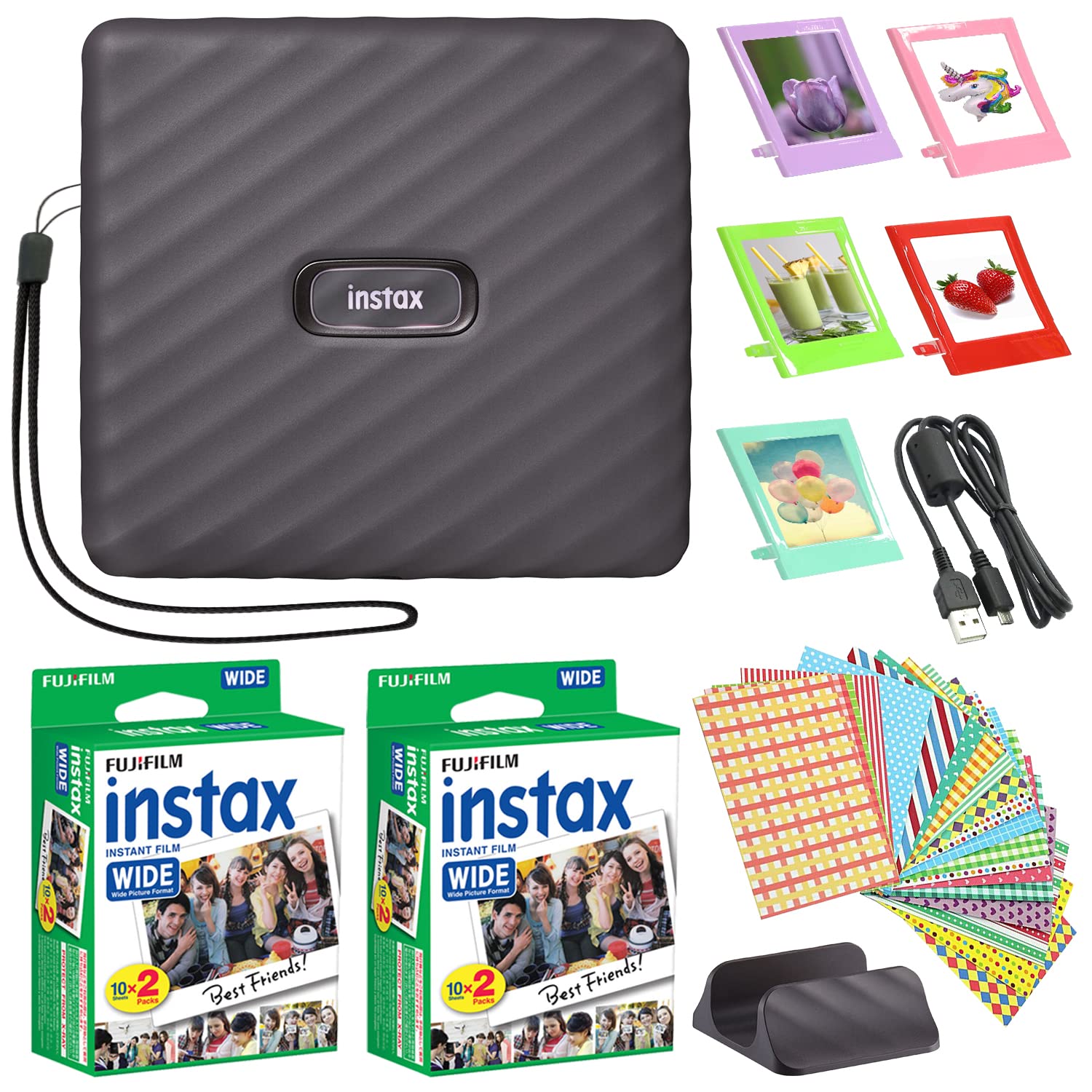 Fujifilm Instax Link Wide Smartphone Printer + Fuji Instax Film Value Pack (40 Sheets) Accessories Frames Bundle (Mocha Gray)