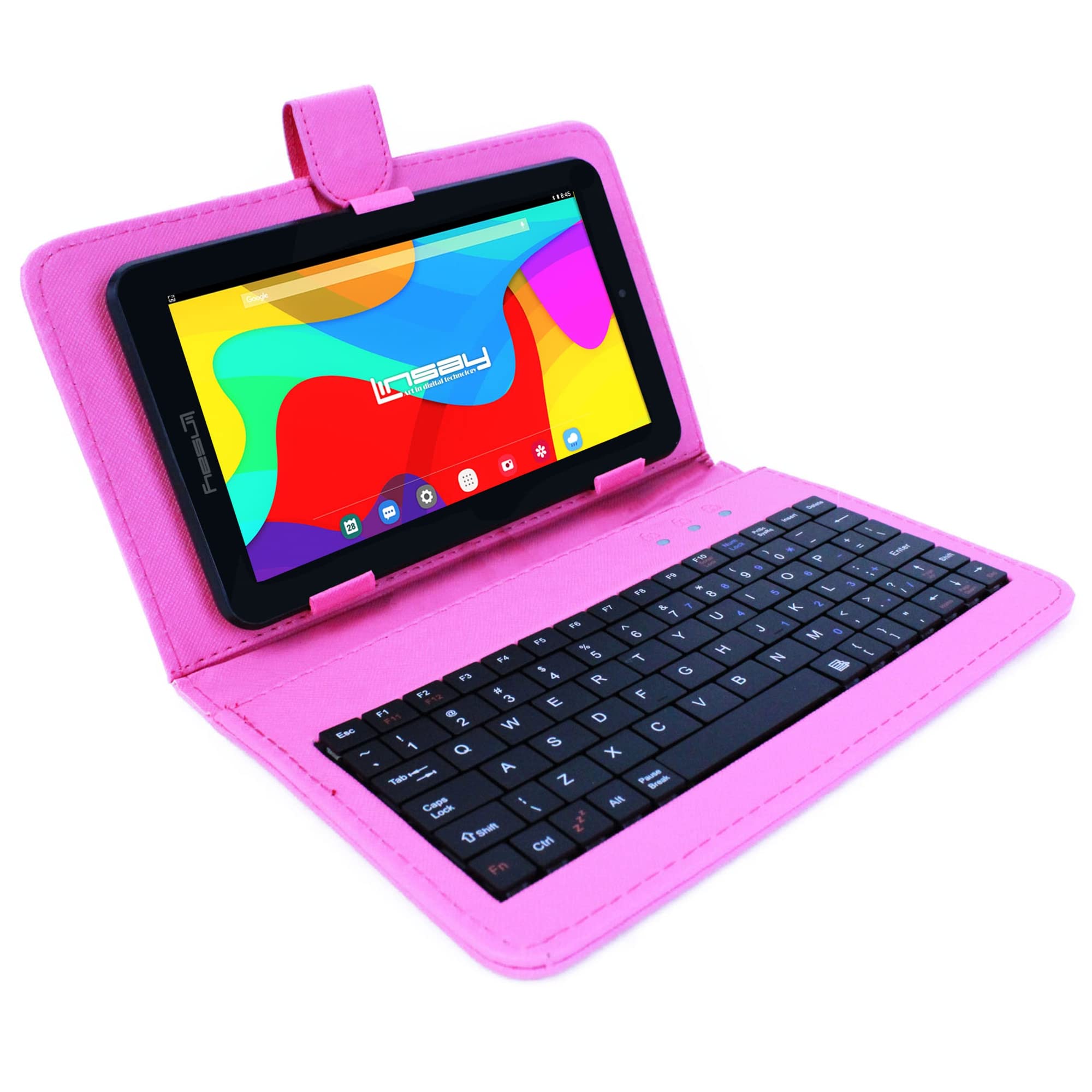 LINSAY 7" 2GB RAM 32GB Storage Android 12 Tablet with Pink Leather Keyboard, Pop Holder and Pen Stylus