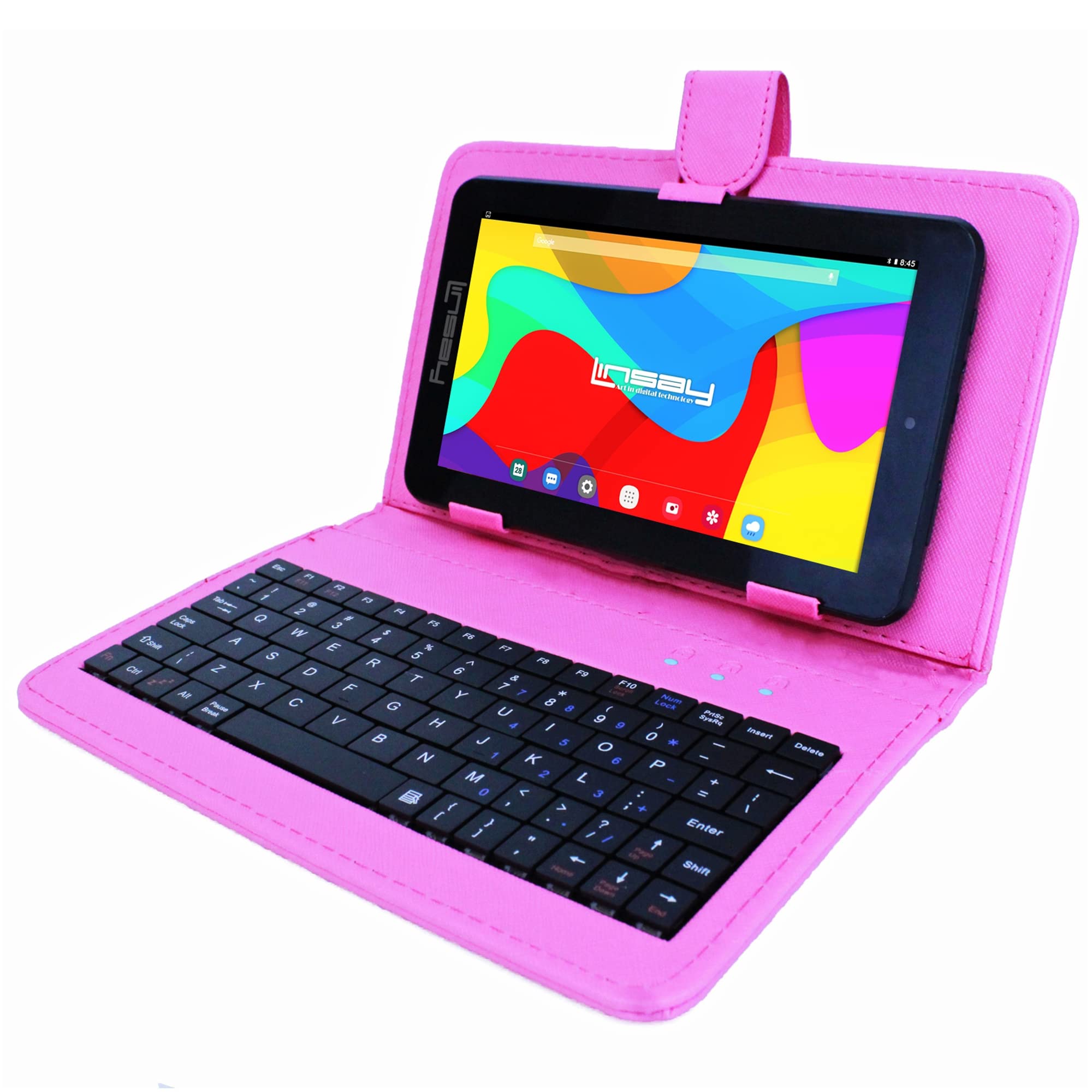 LINSAY 7" 2GB RAM 32GB Storage Android 12 Tablet with Pink Leather Keyboard, Pop Holder and Pen Stylus